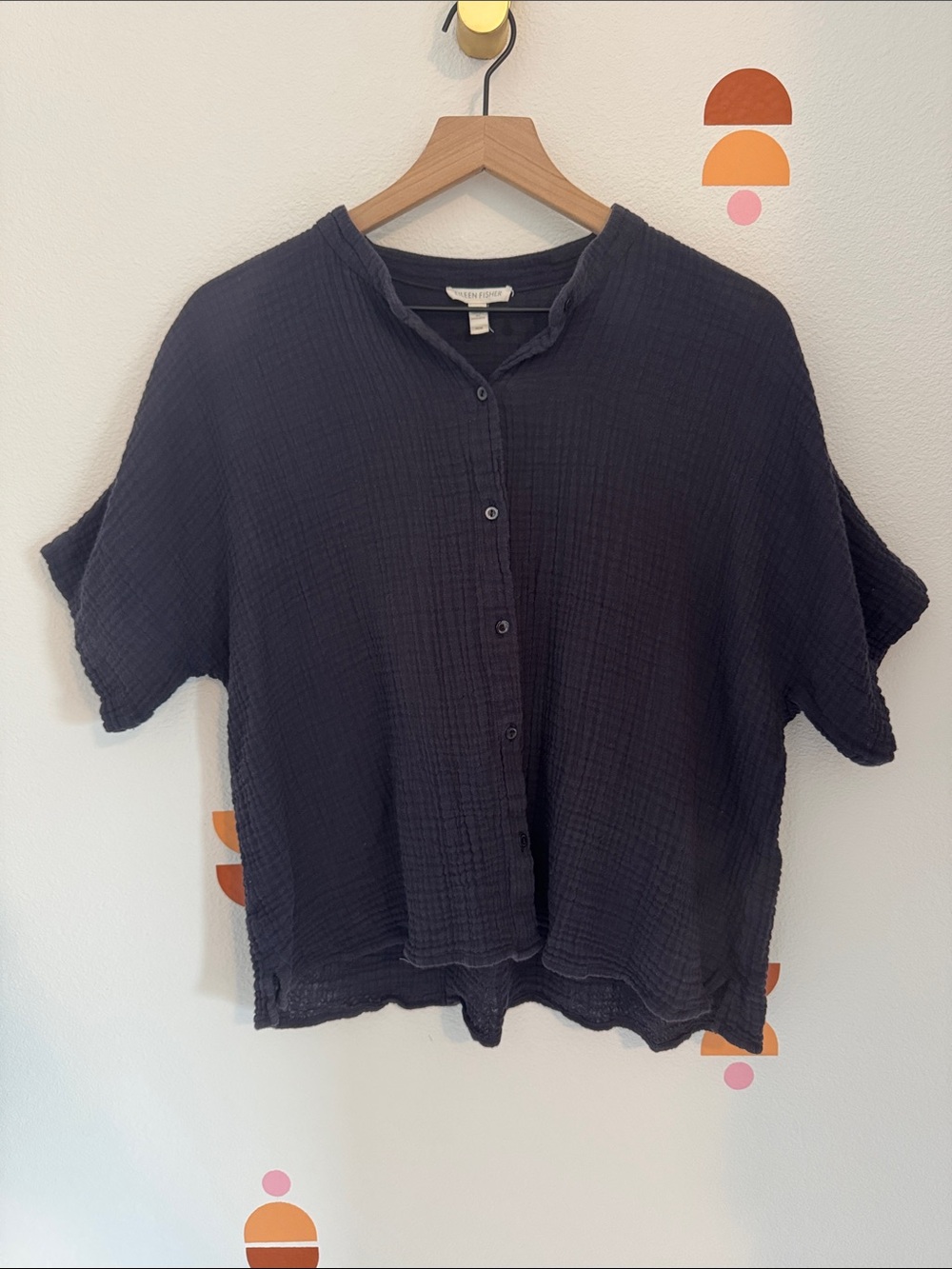 Eileen Fisher Black Gauze Button-Down Short Sleeve Top N0131